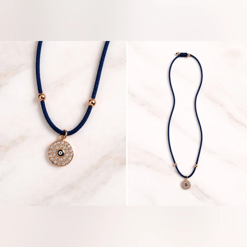 Sparkling Evil Eye Cord Necklace - Adjustable Navy Blue Silk